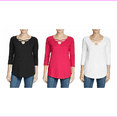 thumbnail image 2 of Eddie Bauer Ladies Lace-up Neck Detail Shirt tail hem Cross-Front ¾ Sleeve Tunic L/White, 2 of 2