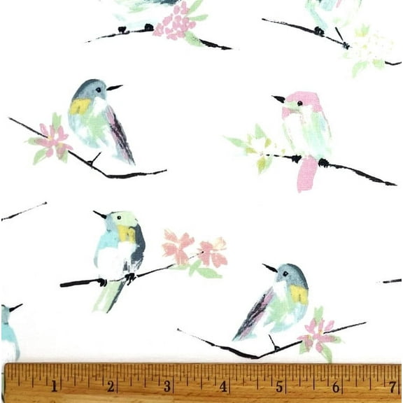 1 Fat Quarter - Pastel Birds on White Cotton Fabric - 21" X 18"
