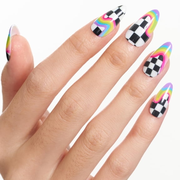 GLAMERMAID Rainbow Checkerboard Press-on Nails, Medium Almond Shape, Reusable Acrylic Kit
