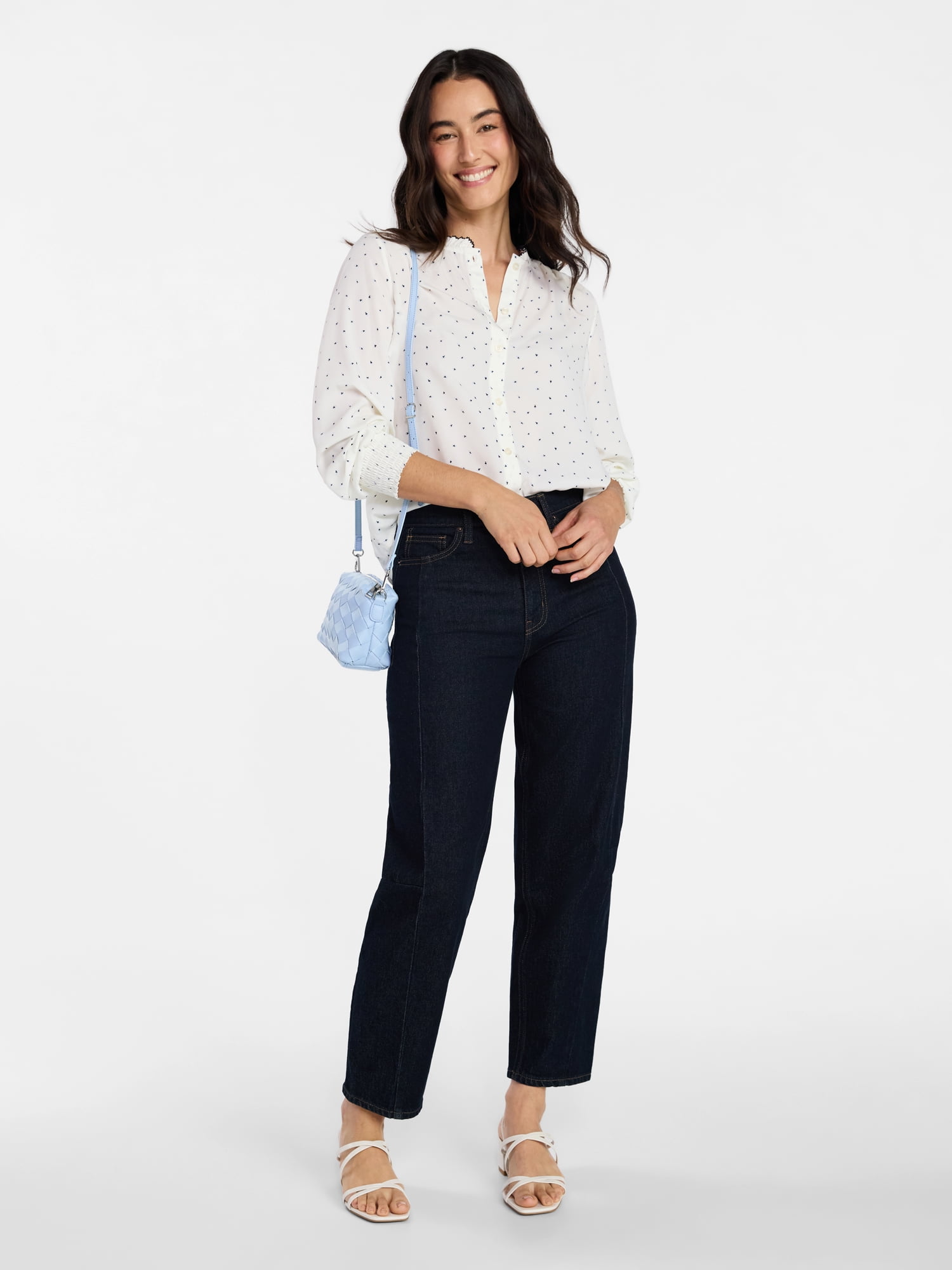 Time and Tru Women's Ruffle Button Down Blouse with Long Sleeves, Sizes XS-XXXL