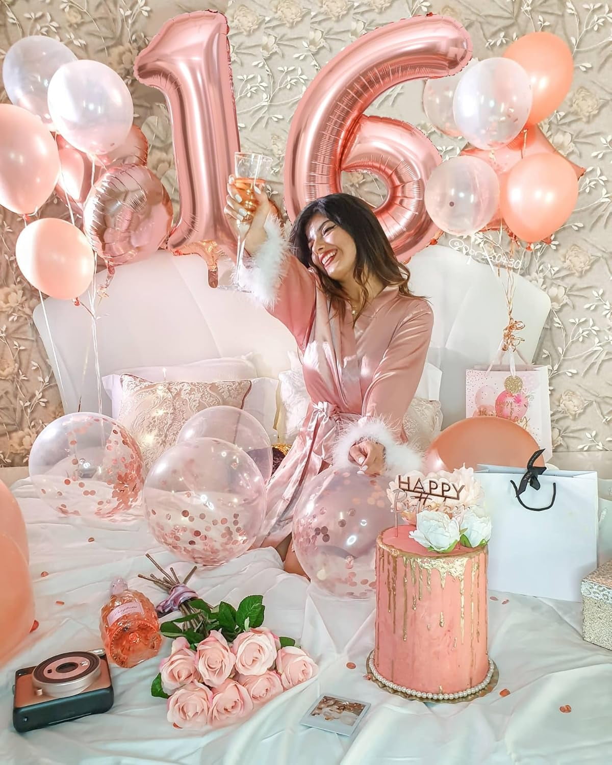 Happy Greetings Sweet 16 Party Decorations Kit for Girls, Rose Gold 16th Birthday Boxes, Balloon, Birthday Banner & Party Supplies Set for Women - 44 PCS
