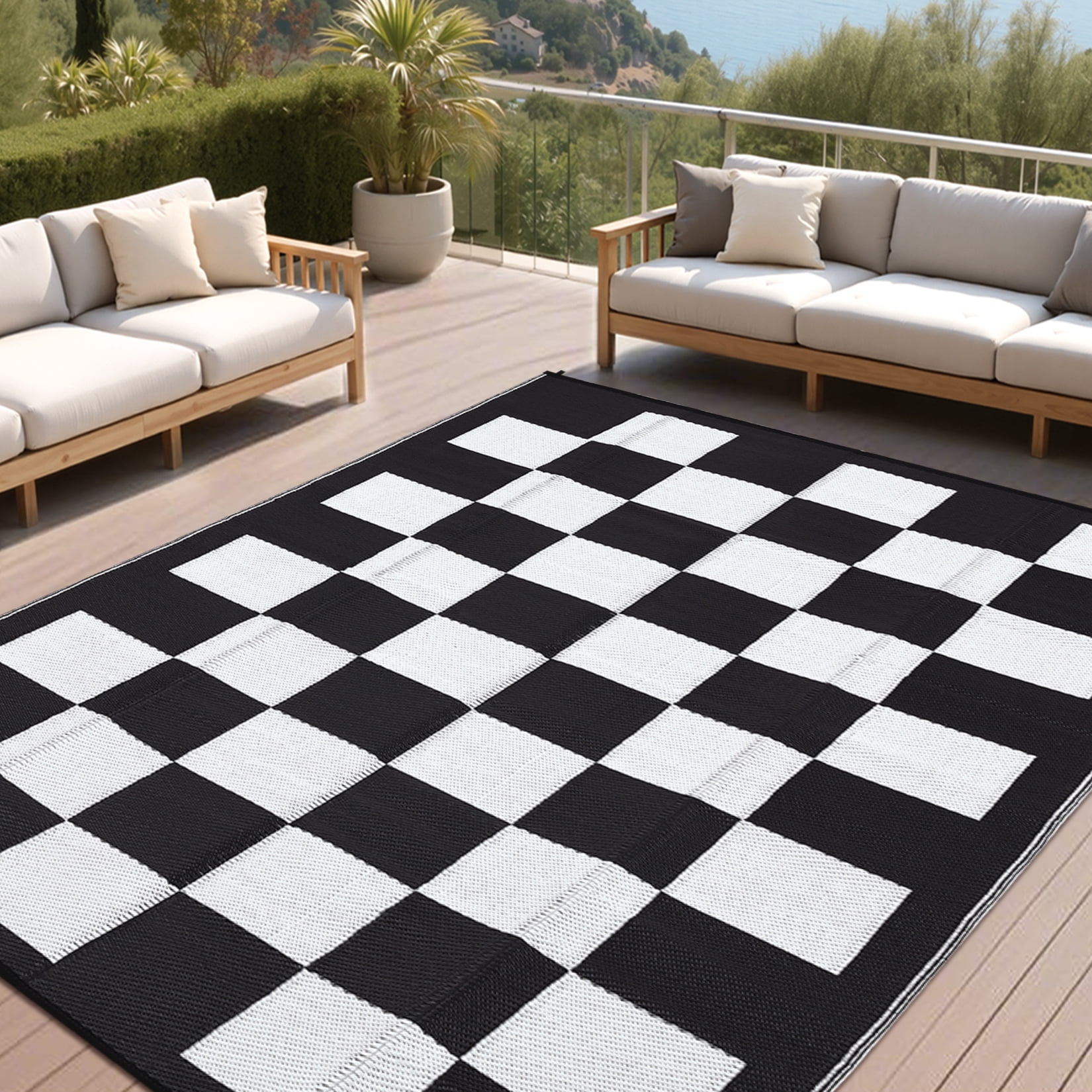 Waterproof Outdoor Checkerboard Rug - All-Weather Plastic Straw Mat for Patio & Deck, 9*12ft