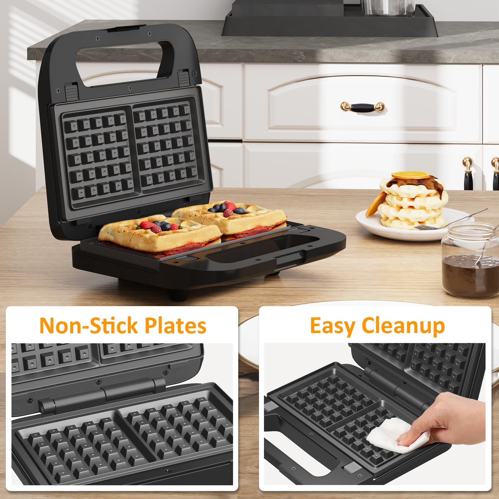Sunvivi 3 in 1 Electric Sandwich Maker with Removable Non-Stick Plates, Indicator Lights & Cool Touch Handle, 750W, Black