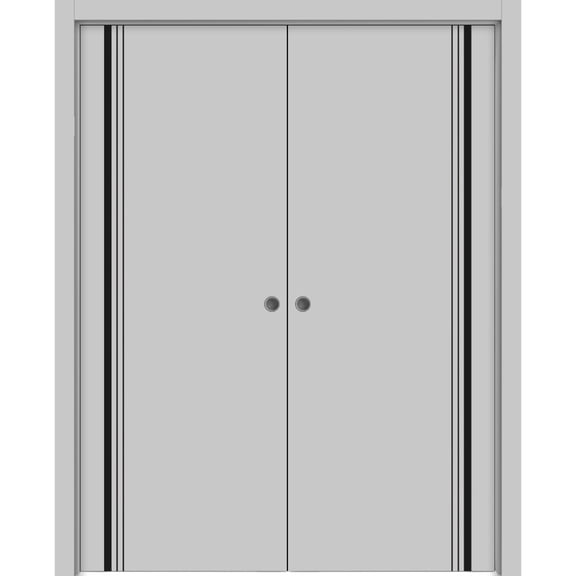 Sliding French Double Pocket Doors 36 x 80 inches | Planum 0011 Grey Matte with Frosted Glass | Kit Trims Rail Hardware | Solid Wood Interior Bedroom Sturdy Doors