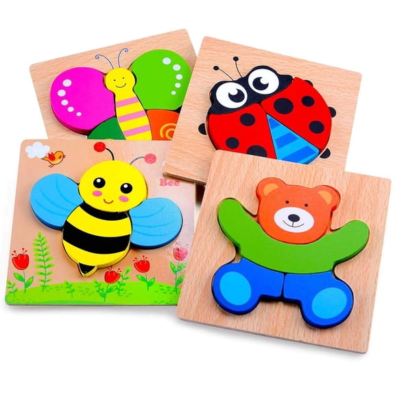 Magifire Wooden Puzzles, Set of 4 Puzzle Toys for Kids Toddlers 1–3, Baby Educational Animal Toys with Chunky Pieces & Bag for Easter - Butterfly, Bee, Ladybug, Bear