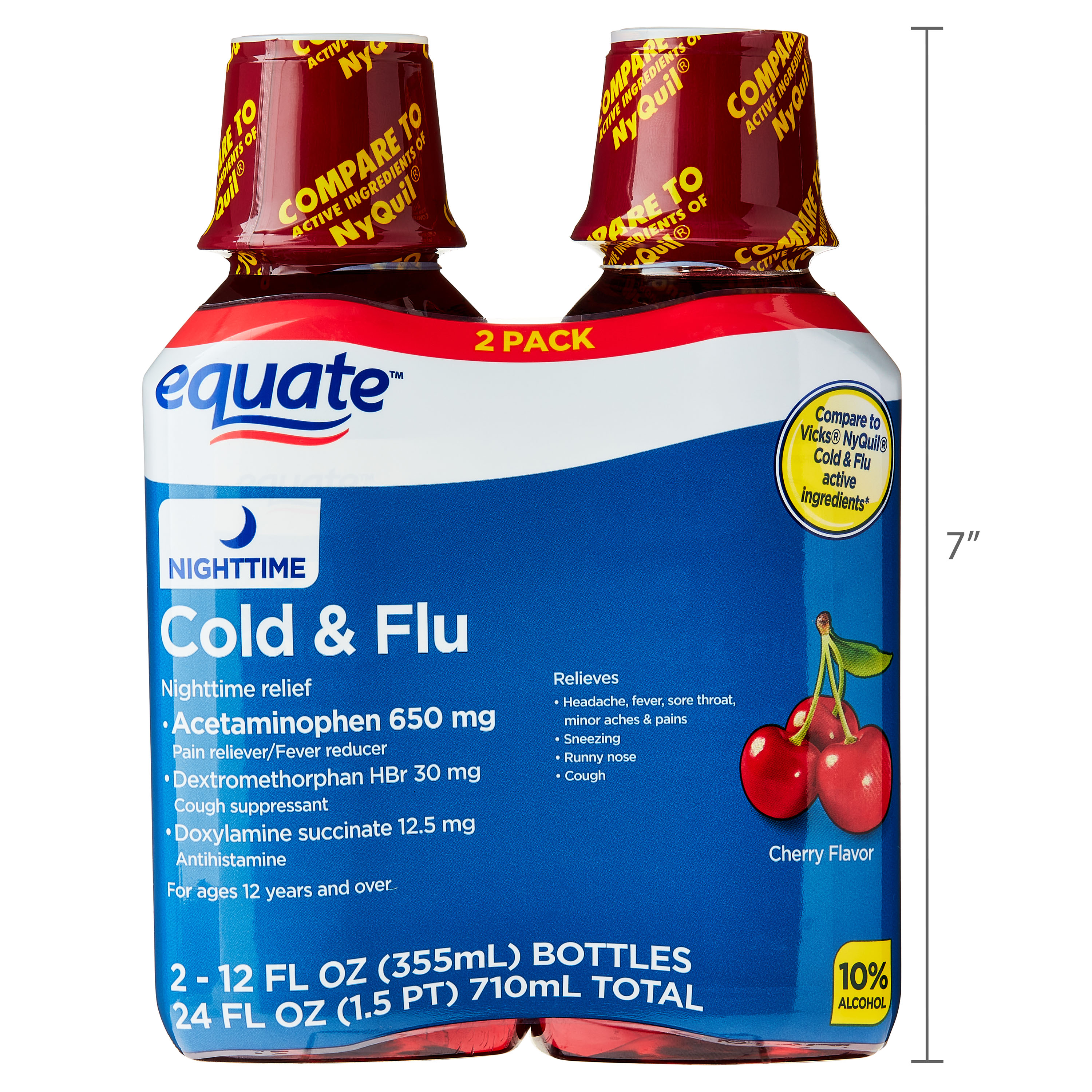 Líquido Equate para alivio de resfriado y gripe nocturno, sabor cereza, 24 fl oz (2x12 fl oz), comparar con ingredientes activos de Vicks Nyquil para resfriado y gripe 7