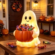 Halloween Night LightGhost Decorations Gifts Under 20 Candy Bowl Night Light, Lighted Resin Halloween Treat Dispenser for Kids Room, Fall Party, Entryway & Home Decoration