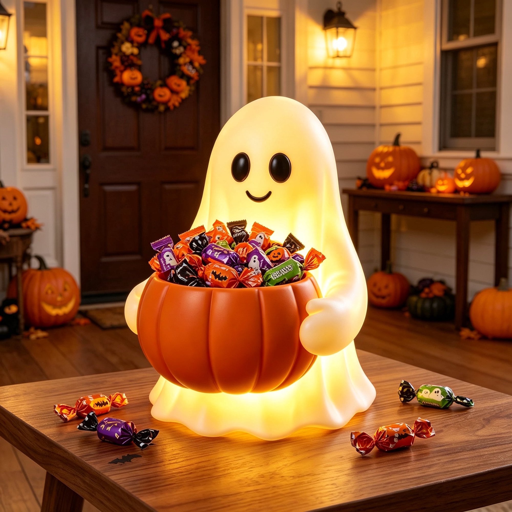 Halloween Night LightGhost Decorations Gifts Under 20 Candy Bowl Night Light, Lighted Resin Halloween Treat Dispenser for Kids Room, Fall Party, Entryway & Home Decoration