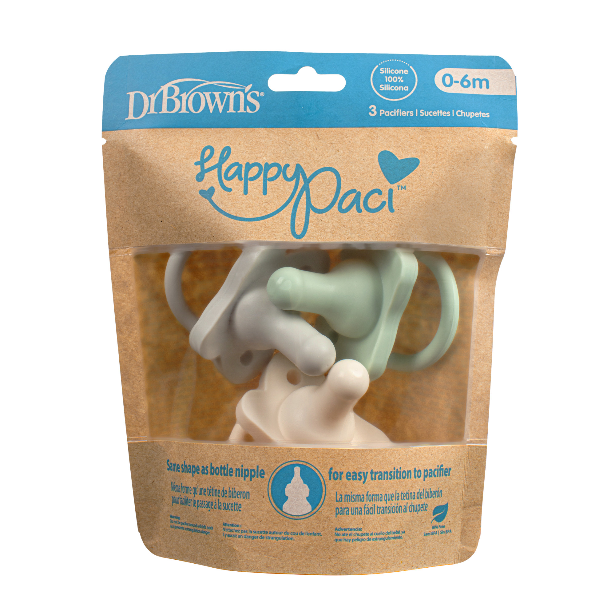 Dr. Brown's HappyPaci 100% Silicone Pacifier 0-6m, BPA Free, Cool Gray, Green, Ecru, 3 Pack - image 3 of 19