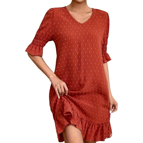 Diufon Women's Casual Dresses Plus Size Loose Ruffled Half Sleeve V Neck Dress Polka Dot Printed Sundresses