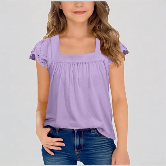 REDARER Girls Summer Casual Top Square Neck Flutter Sleeve Eyelet Embroidery Hollow Out Loose Blouse for Daily Vacation Wear,7-8 Years
