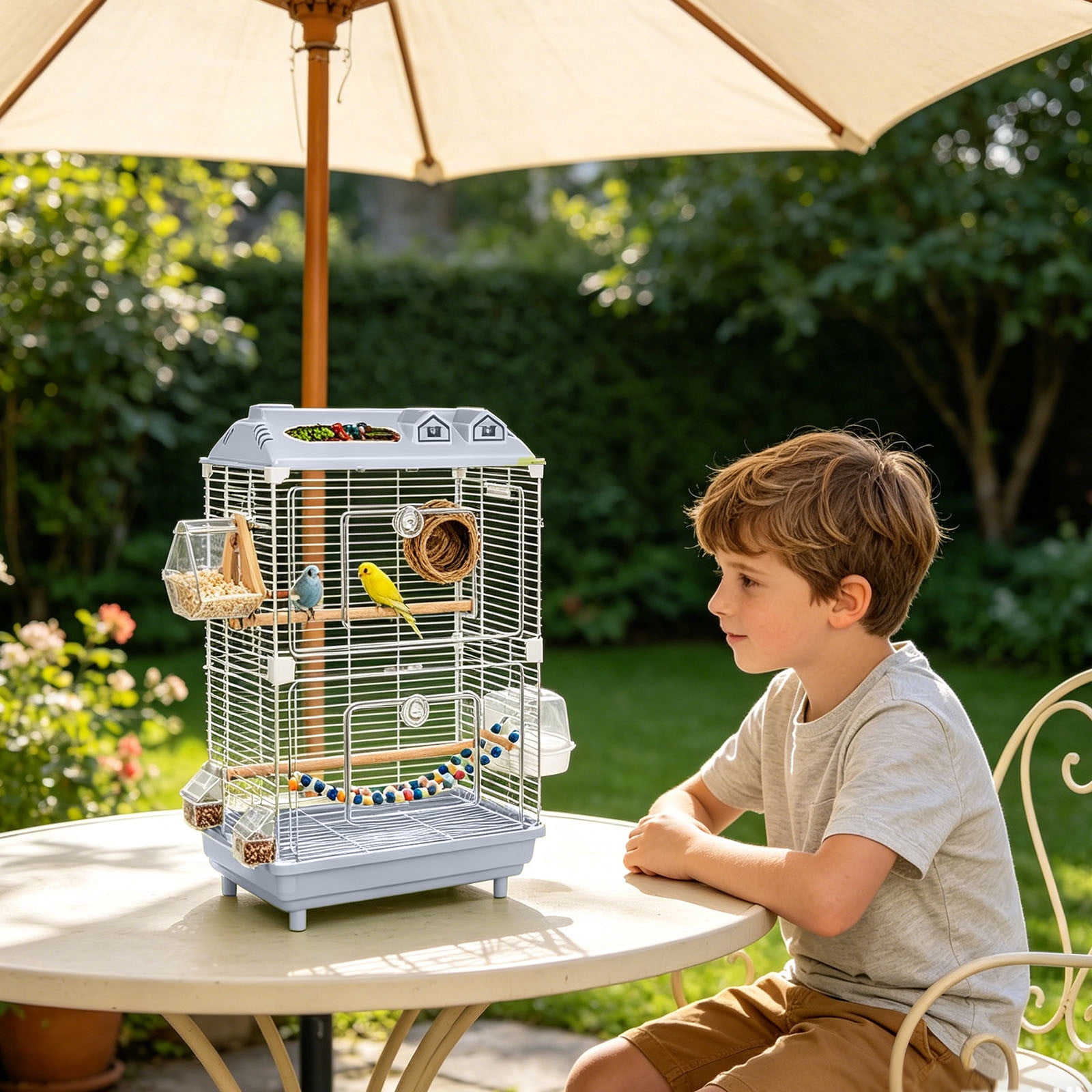 Large Wrought Iron Rolling Bird Cage with Detachable Stand Spacious Flight Aviary for Parakeets Finches Small Pet Birds | 18.50x11.81x30.31 in Grey