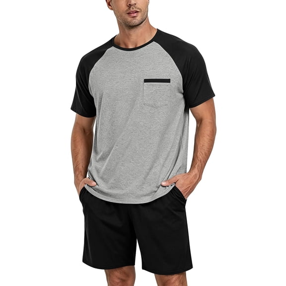 Sewkxo Mens Pajama Set Summer Pjs Sleepwear Lightweight Short Sleeve Pjs Soft Comfy Sleep Set With Pocket,Black XL