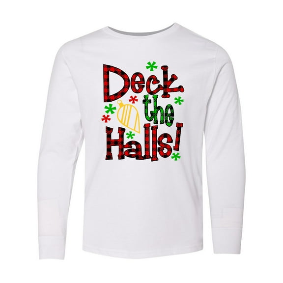 Inktastic Deck the Halls in Green and Red Plaid with Christmas Bulb Long Sleeve Youth T-Shirt