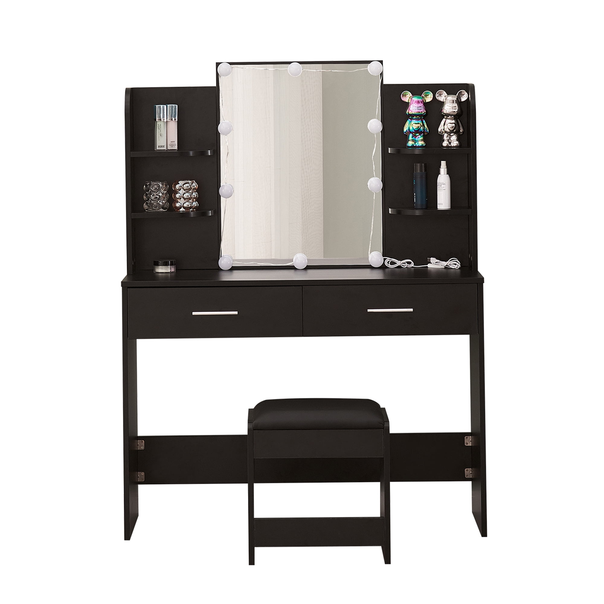 Kadyn Large Vanity Set, Vanity Table Set with 10 Light Bulbs, Makeup Vanity Desk with Cushioned Stool, 6 Storage Shelves 2 Drawers for Bedroom, Black Kadyn Large Vanity Set, Vanity Table Set with 10 Light Bulbs, Makeup Vanity Desk with Cushioned Stool, 6 Storage Shelves 2 Drawers for Bedroom, Black