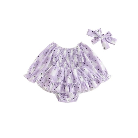 

Loalirando Baby Girl Halloween Outfit Pumpkin/Ghost Print Romper Headband