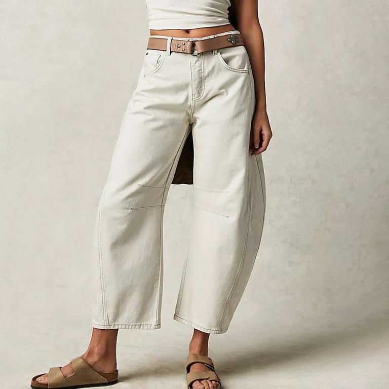 Women's Baggy Wide Leg Barrel Jeans - Vintage Cropped Raw Hem Denim Pants, Retro Street Style 2 thumbnail image