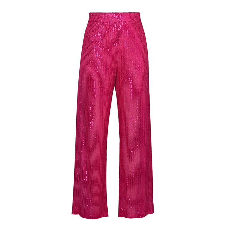 YYDGH Sequin Pants for Women Sparkle Wide Leg Flare Pants Elastic High  Waist Glitter Bell Bottoms Trousers Party Clubwear Hot Pink L 
