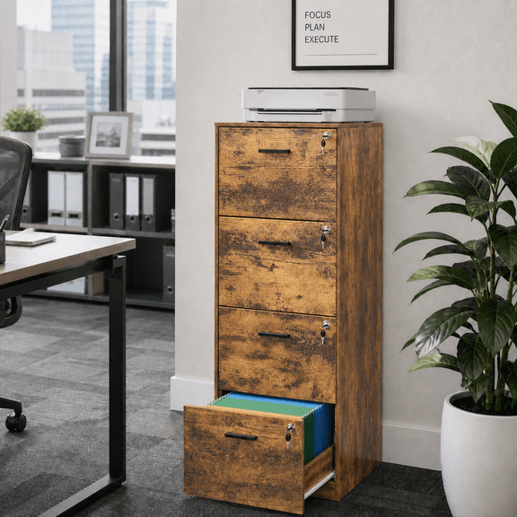 GALAXHERO 4 Drawer File Cabinet, Vertical Filing Cabinet with Lock and Key, Wood Storage Organizer for Home Office, Fit Letter/A4, Rustic Brown