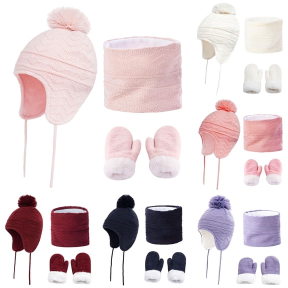 Hauaitttt Chicminie 3 Pcs/Set Children Hat Neck Warp Gloves Set Thickened Print Knitted Heat Retention Windproof Keep Warm Girls Boys Outdoor Scarf Gloves Set Boys Baseball Hat
