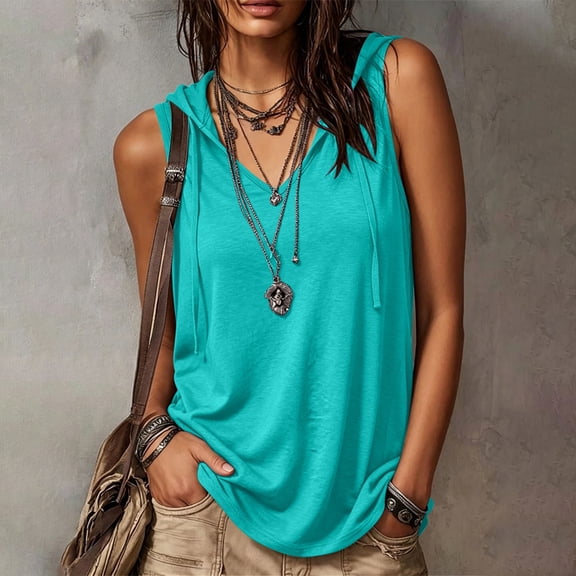 HBYJLZYG Women's Sleeveless Hooded Tank Top with V-Neck and Drawstring, Relaxed Loose Fit Casual Summer Vacation Top for Women