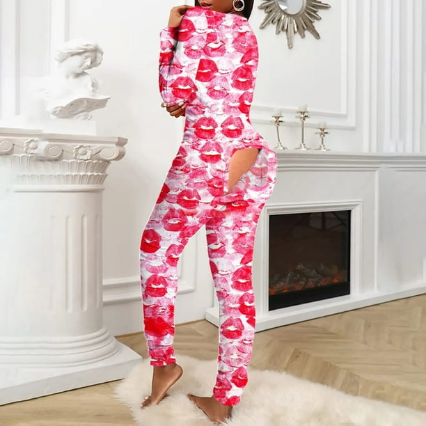 Mono de pijama Sexy para mujer mono con botones en la espalda trasero trasero abierto solapa estampado de corazon ropa de estar por casa Walmart en linea