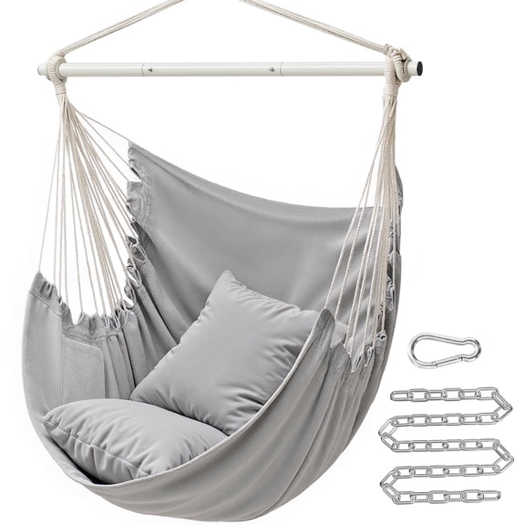 SONGMICS Hammock Chair, Load Capacity 500 lb, Hanging Chair with 2 Cushions, Large Hammock Swing with Chain and Pocket, for Indoor, Outdoor, Living Room, Bedroom, Dove Gray