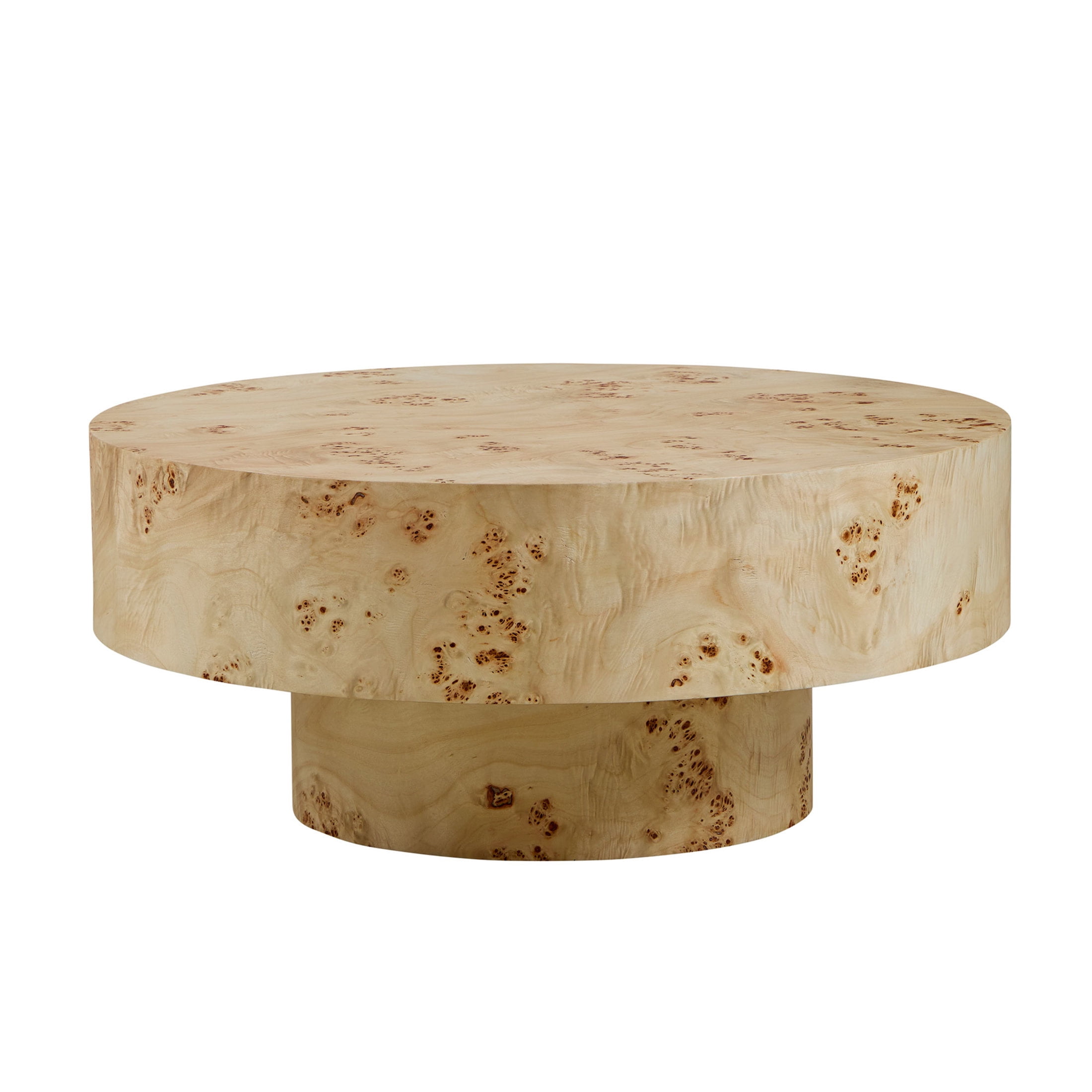 Noble House 31.49" Round Coffee Table, Burl Wood Veneer, Sturdy Drum Pedestal, Mid-Century Accent, Natural
