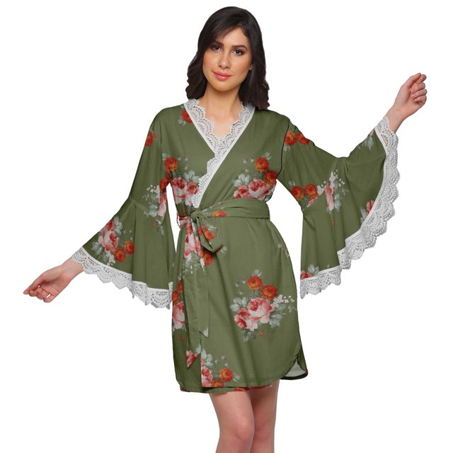 Moomaya Robe Courte Imprimée pour Mariée Préparation Manches Cloche Peignoir Femmes Enveloppe