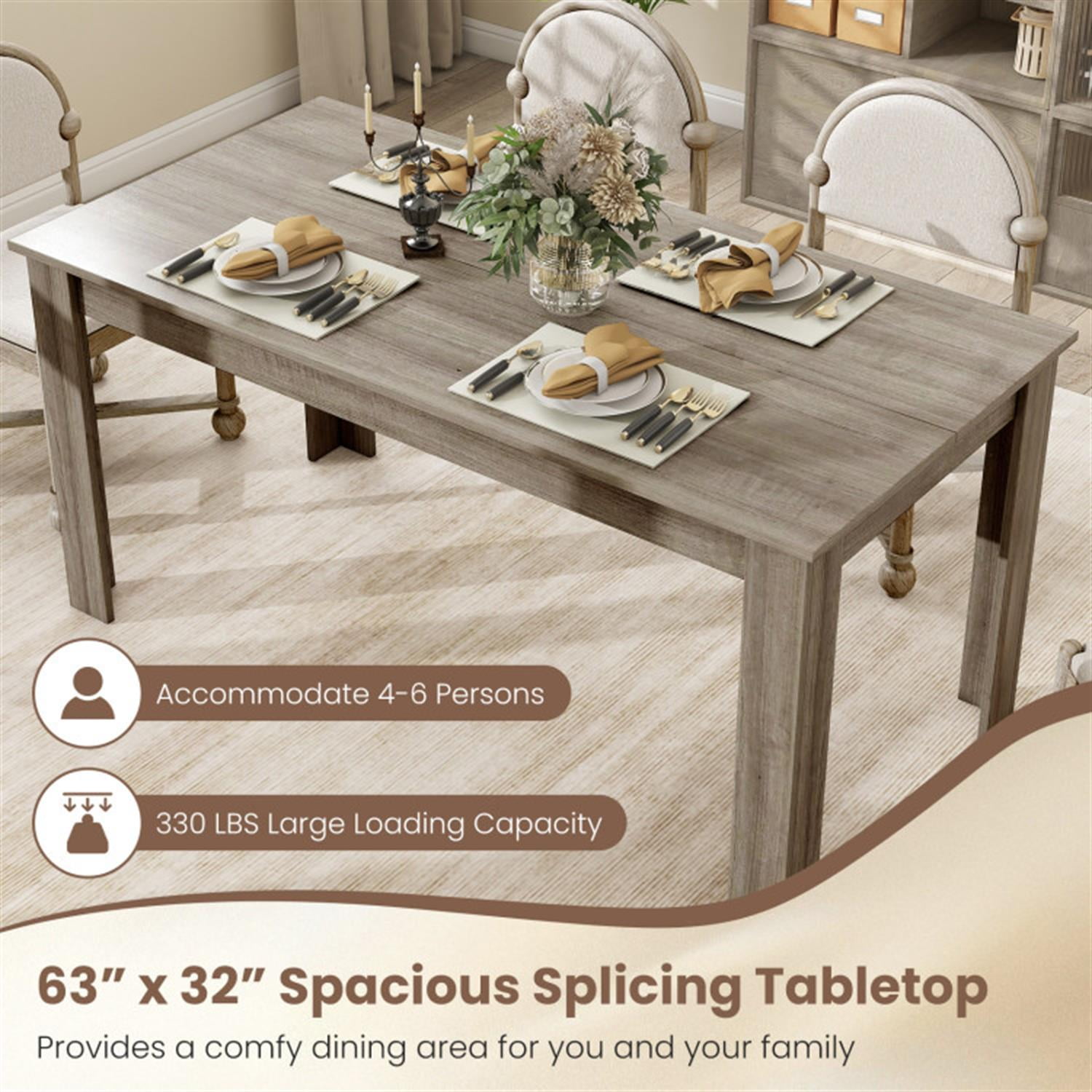 Demi Bonn 63" Modern Dining Kitchen Table for 6 People, Rectangular Dining Table Furniture for Kitchen, Dining Room, Dinette, Breakfast Nook, Light Gray