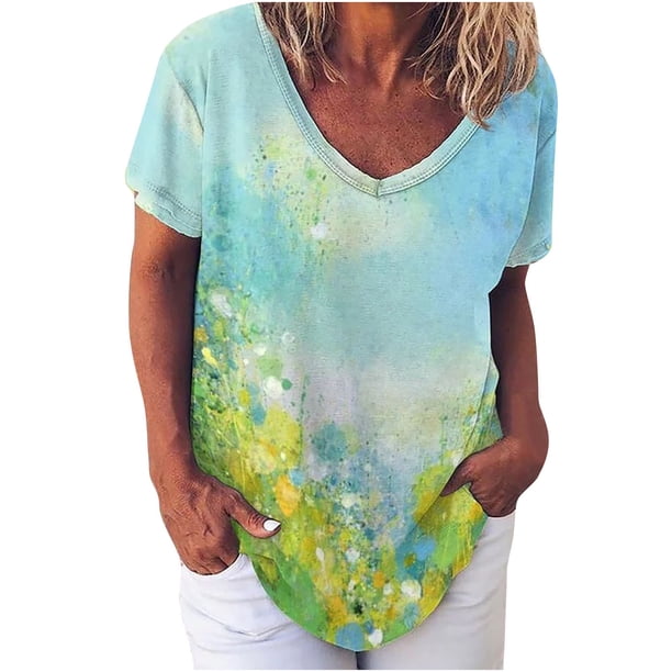 Camiseta de manga corta suelta con cuello en V estampada a la moda para mujer Pompotops hkajfhjk471074