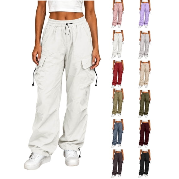 Cargo Pants Zaewscy Women Fashion Workwear Casual Pants Loose Straight-leg Big Pockets Adjustable Cuffs Long Pants White M