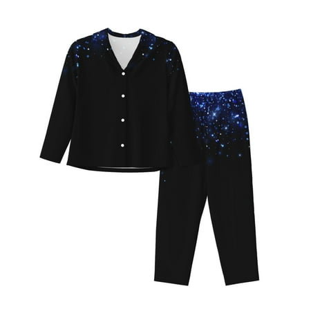 JUNZAN Black Blue Glitter Sparkles Print Womens Pajama Sets Long Sleeve Button Down for Women Pjs 2 piece-XX-Large