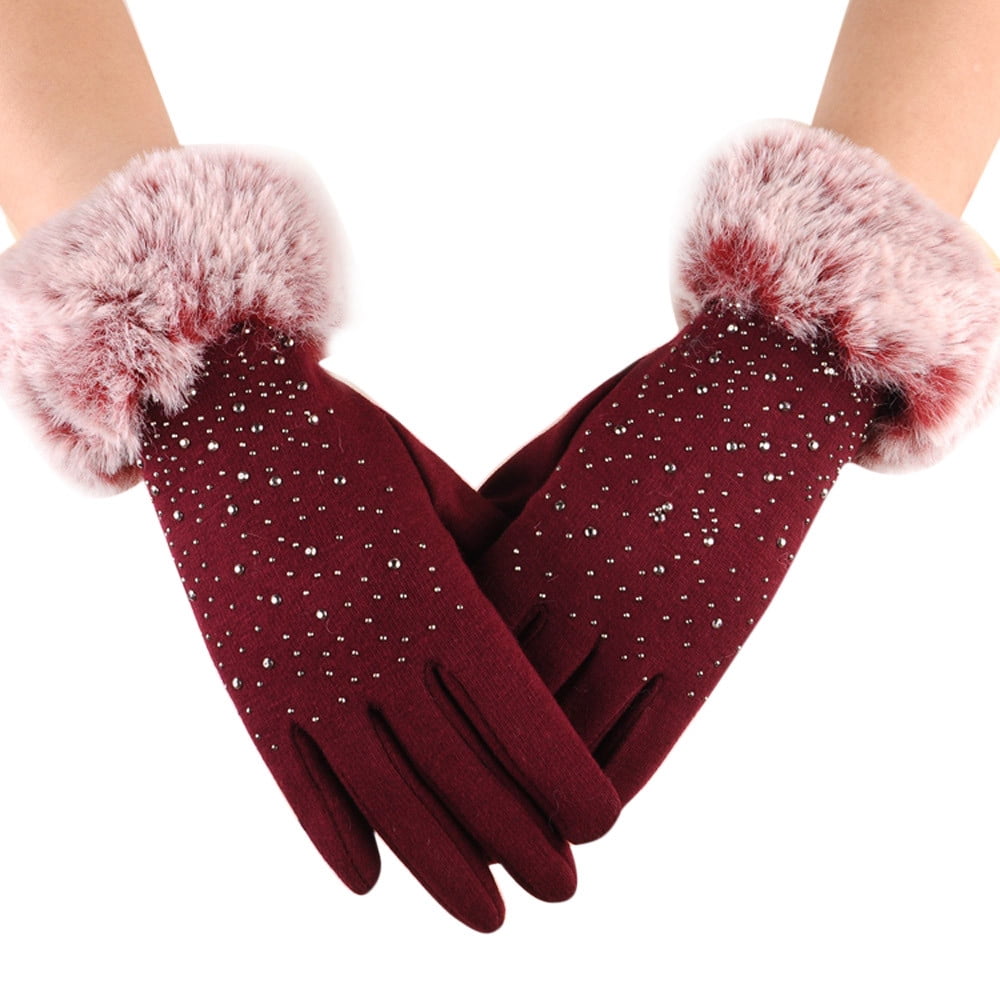 Women Ladies Warm Fleece Gloves Warm Thermal Fur Lined BIG Pom Pom Winter Glove 