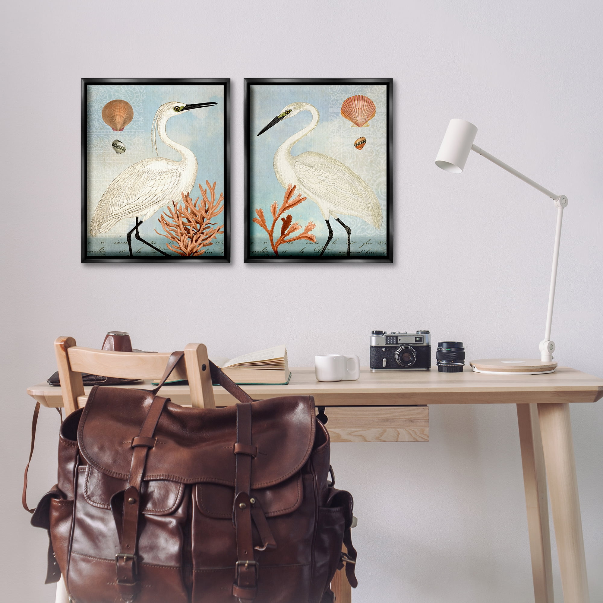 Stupell Industries Beach Items Shell Heron Egret Animals Painting Black Floater Framed Canvas Art Print Wall Art, 17 x 21, Set of 2