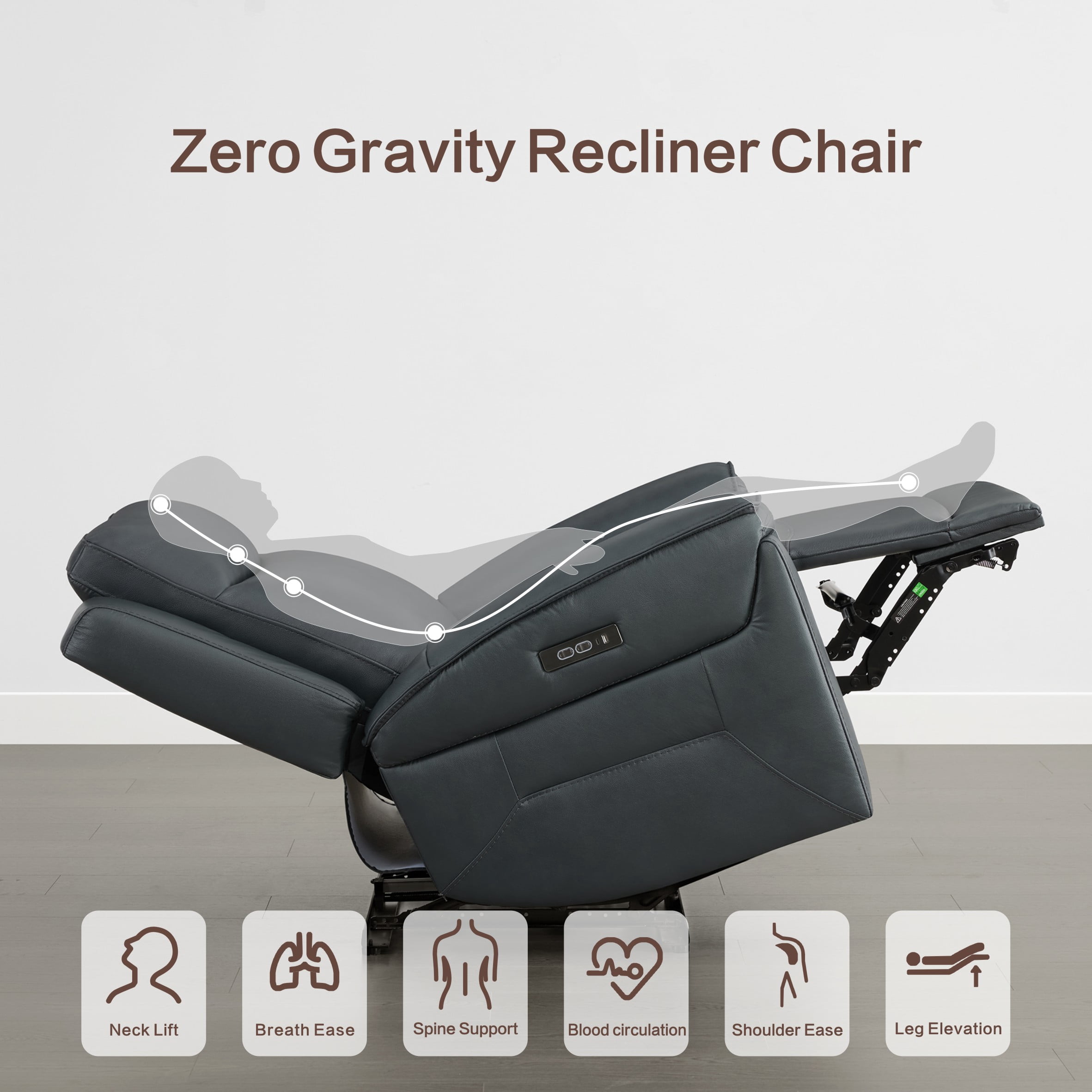 ReNest Dual Motor Power Recliner with Super Zero-Gravity Mode, Top-Grain Leather, USB and Type-C Charging,Navy