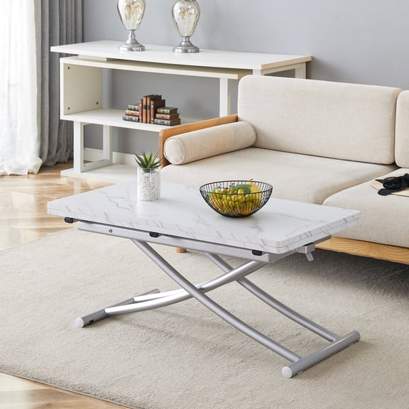 TesNus Lift Top Table, Adjustable Height White Marble MDF Table with Silver Metal Legs for Living Room Dining Office