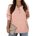 thumbnail image 6 of Women's Loose-Fitting Solid-Color Button-Up Long-Sleeved Round-Neck Pullover Knit Sweater Top for Fall Winter Button Front Style,Pink,XL, 6 of 6