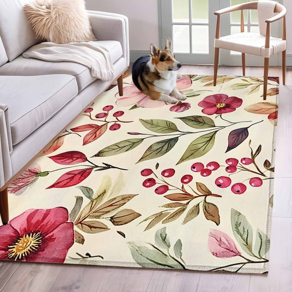 Retro Spring Floral Area Rug 4x6 Washable Rug Non Slip Summer Botanical Pink Flower Large Area Rug Indoor Floor Carpet for Entryway Bedroom Kitchen Living Room Home Office Dining Room Nursery