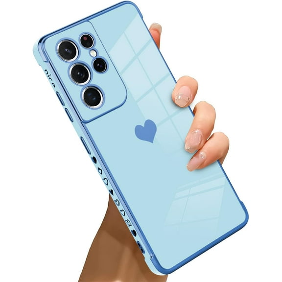 for Samsung Galaxy S21 Ultra Case Love Heart Plating Electroplate Luxury Elegant Case Camera Protector Soft TPU Shockproof Protective Corner Back Cover Galaxy S21 Ultra Case -Blue