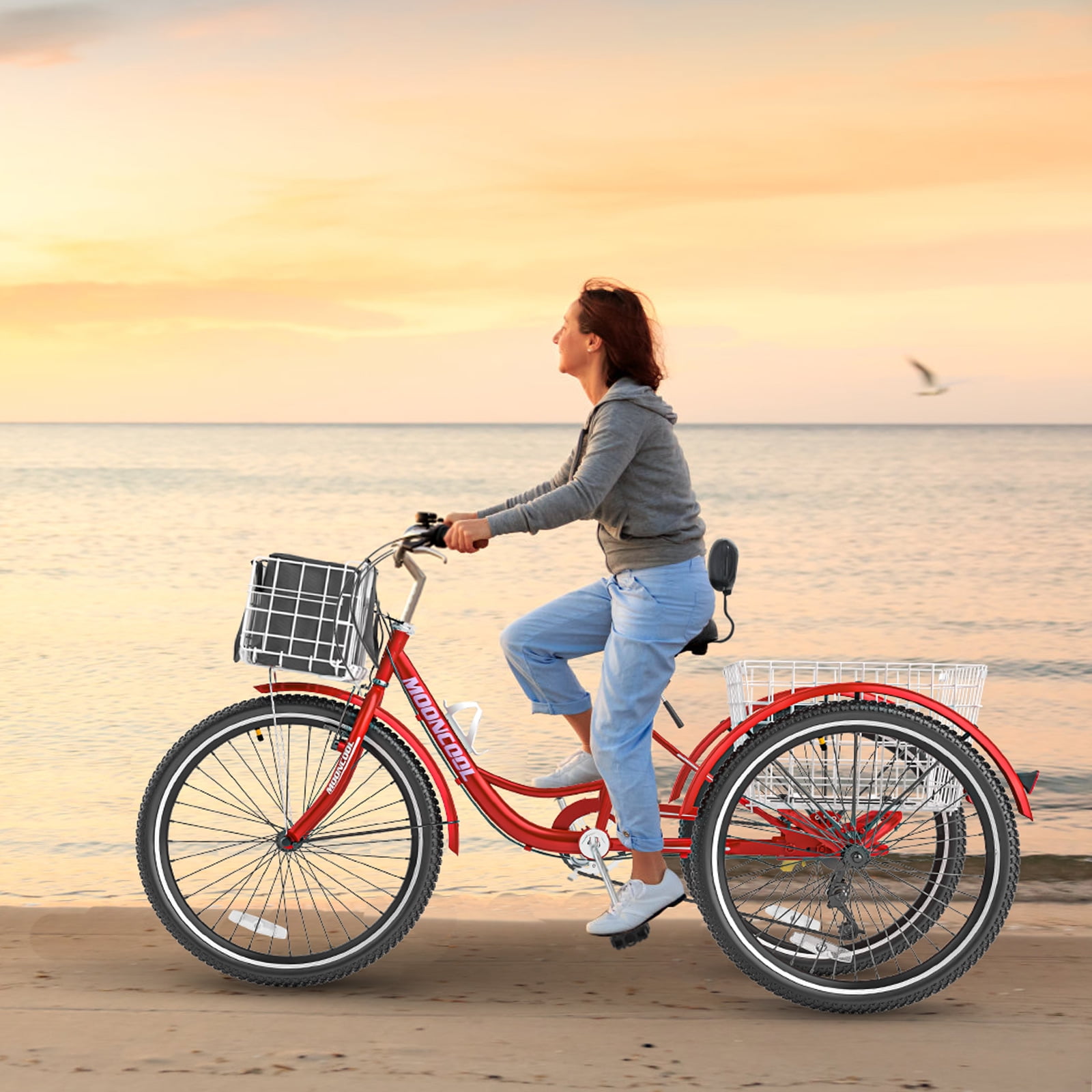 MOONCOOL 24" 26" Adult Tricycle, 7 Speed 3 Wheeled Bikes for Adults, Trike Cruiser Bike w/ Large Basket & Maintenance Tools & Shimano Derailleur & Parking Brake Handle