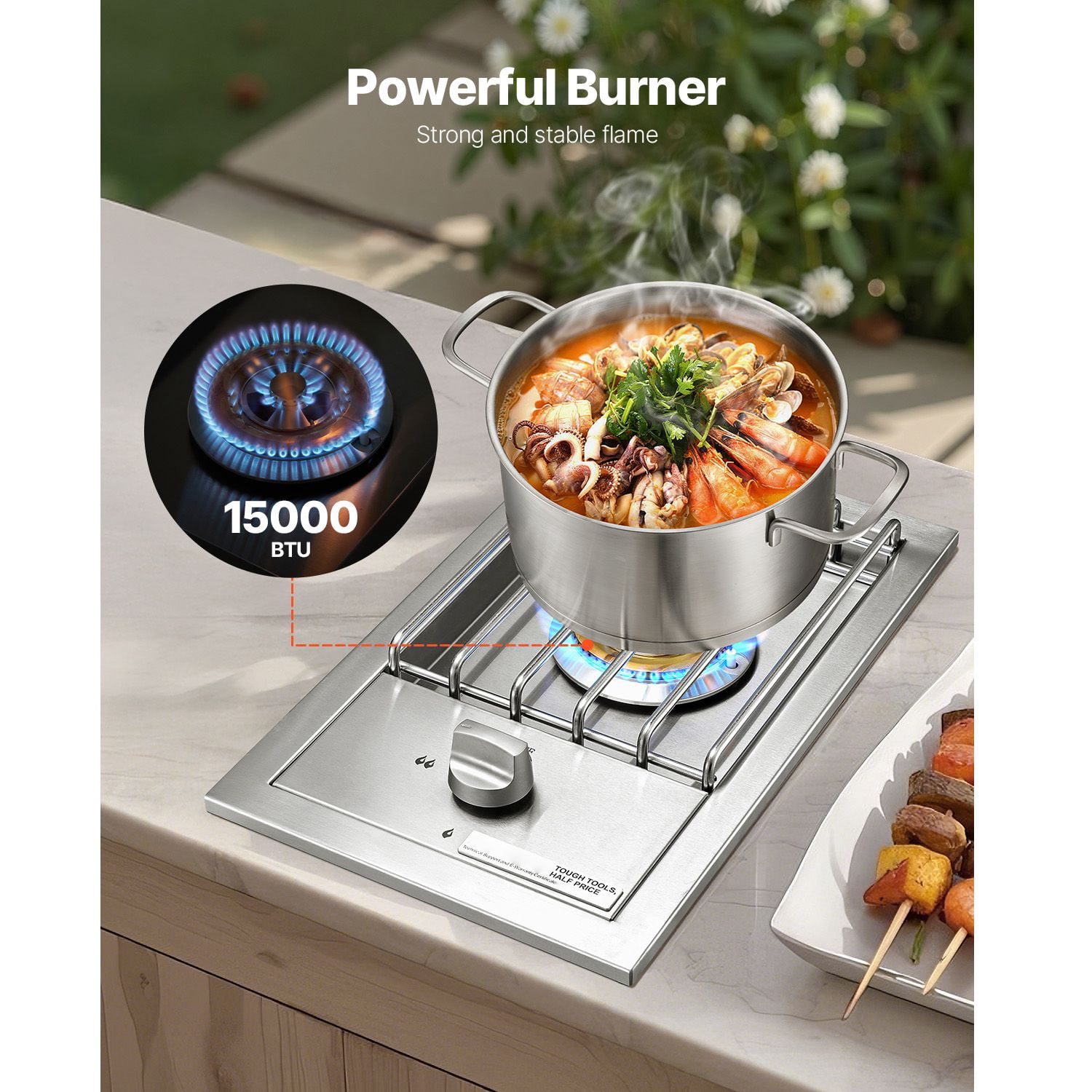 15,000 BTU LP Side Burner for Outdoor Kitchen, Convertible to Natural Gas, 304 Stainless Steel Built-in Grill Burner for BBQ Grill Island