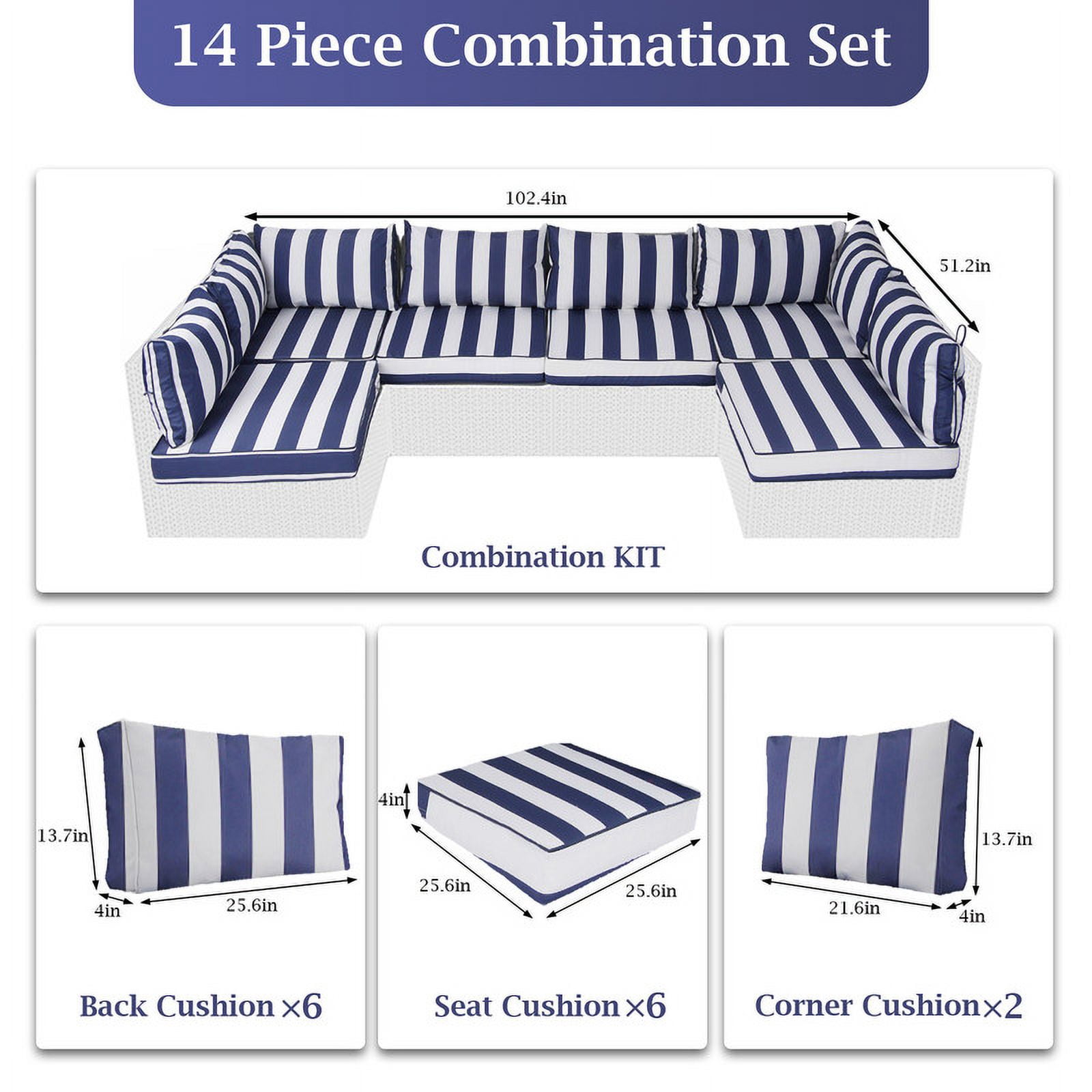 Outdoor Cushions for Patio Furniture Replacement, 4" Foam High-Density, 14-Piece Water-Resistant Outdoor Cushion for 6-Seat Sectional Patio Conversation Sets（Blue white stripes）