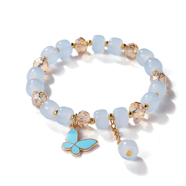 Nvzi Pulsera de mariposa de imitación de jade con forma de palomitas de maíz, pulsera de cristal de mariposa, pulsera de estilo chino para mujer, regalos, azul claro