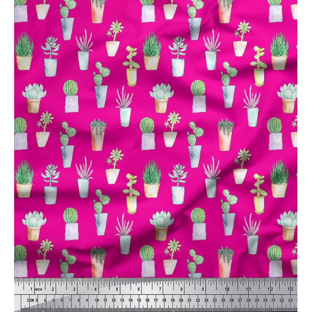 Soimoi Tissu Crêpe polyester Rose Imprimé Feuilles de Cactus, Largeur 52 Pouces