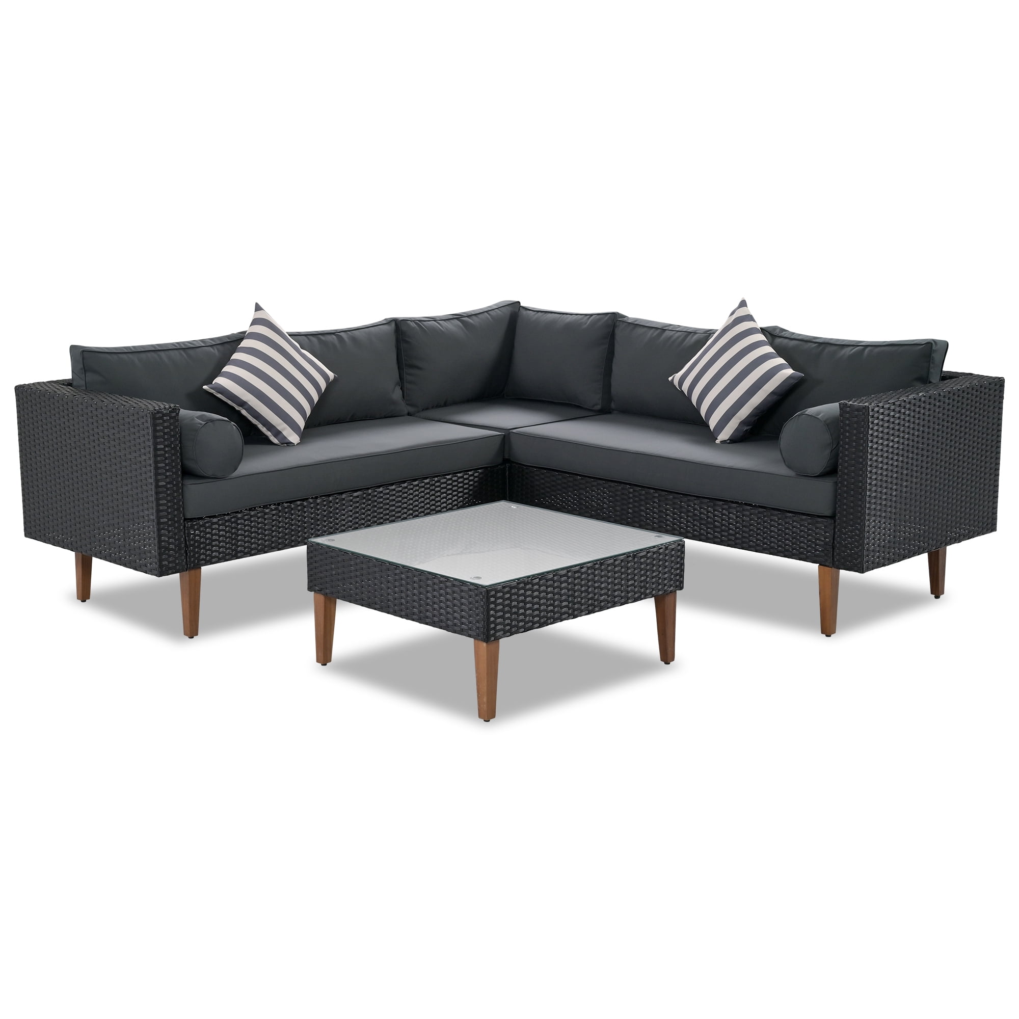 Harper & Bright Designs Outdoor Wicker Sofa Set with Coffee Table, 4 Pieces Patio Rattan Modular Conversation Set with Wood Leg, All Weather PE Wicker L Shaped Couch for Garden Backyard, Black+ Gray