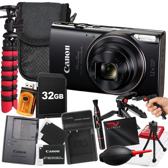 Canon PowerShot ELPH 360 HS A Digital Camera (Black) Large 32GB Kit (International Version)