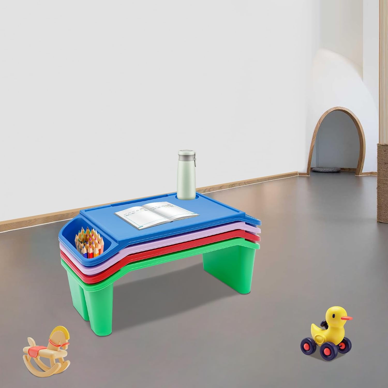 Miumaeov 4 Pcs Kids Lap Desk Tray Plastic Breakfast Laptop Trays with Side Pockets for Writing Eating Snacks Boy Girl Multicolour