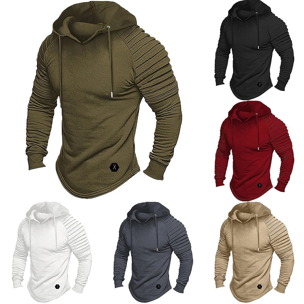 Solid color pleated sleeve long fleece hoodie sale