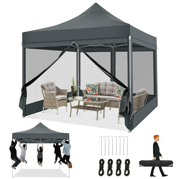 COBIZI 10x10 Heavy Duty Pop Up Canopy Tent with 4 Sidewalls, Commercial Gazebo Party Tent with Mosquito Netting Wall Easy Set Up Outdoor Instant Screen Tent for Backyard, Patio, Garden, Gray